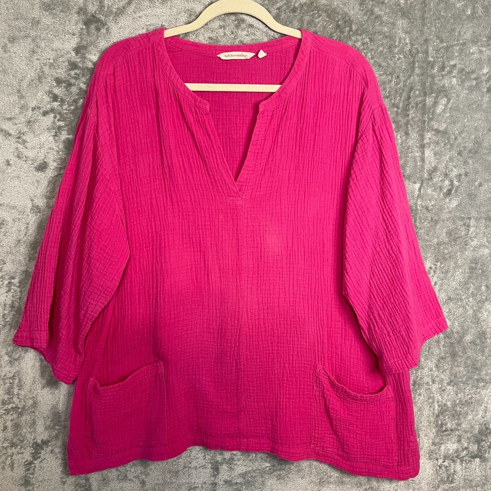 Soft Surroundings Tunic Top Size 1X Pink Crepey Knit Pockets Cotton Pullover